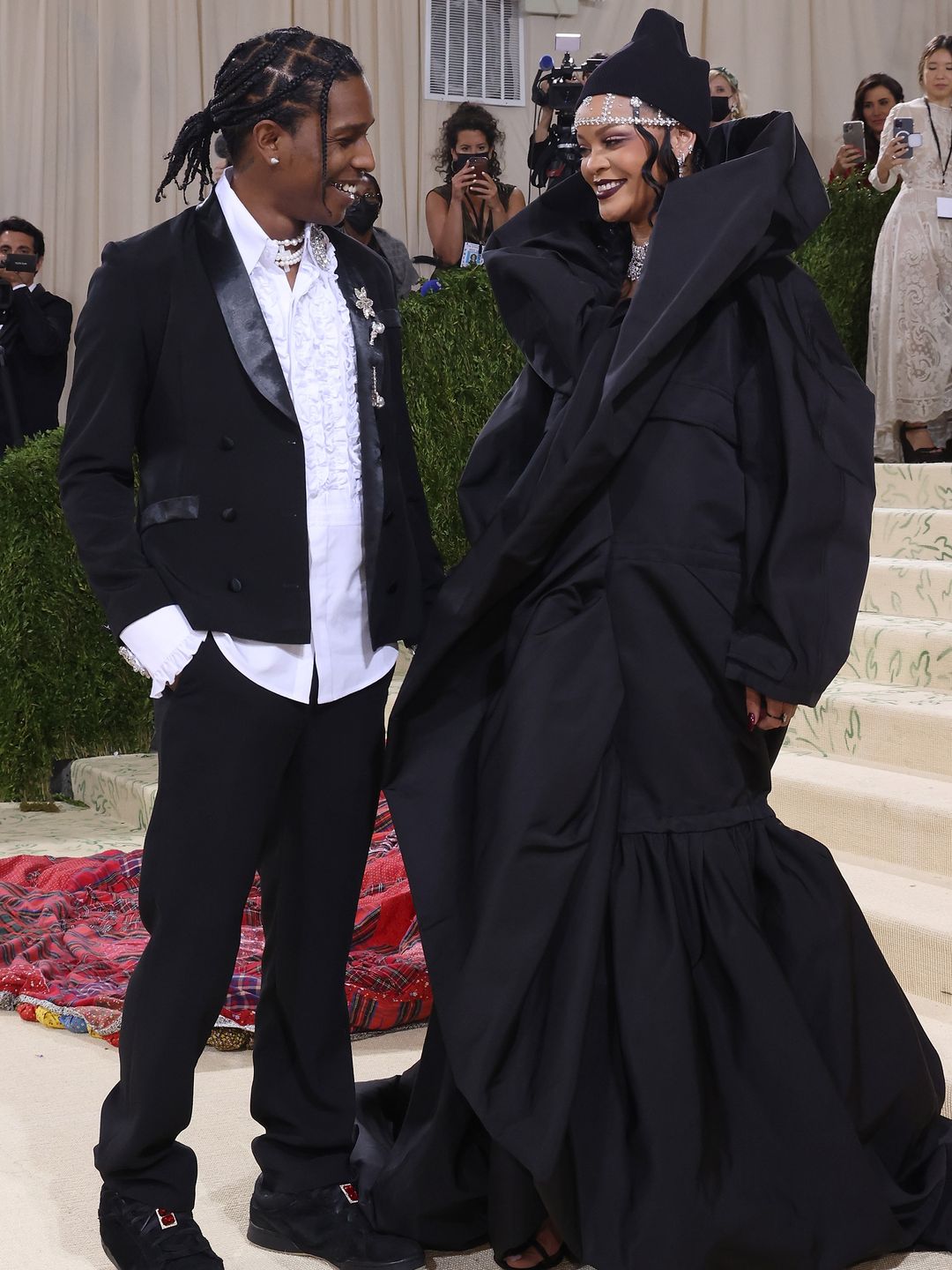 Rihanna and ASAP Rocky smiling at the 2021 Met Gala
