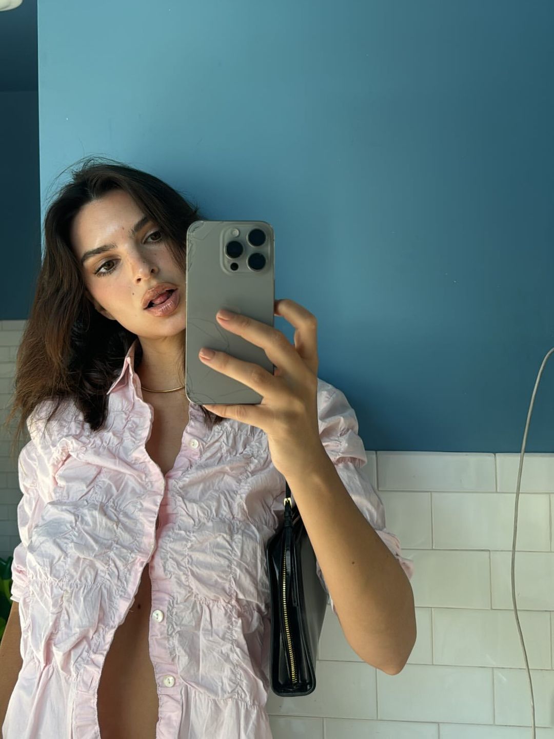 Emily Ratajkowski poses in a pink blouse for a mirror selfie