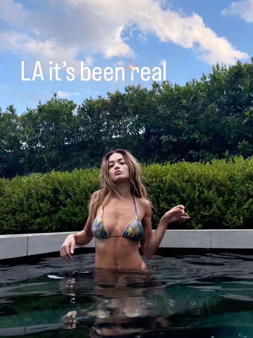 Rita Ora poses in an LA pool in a bikini