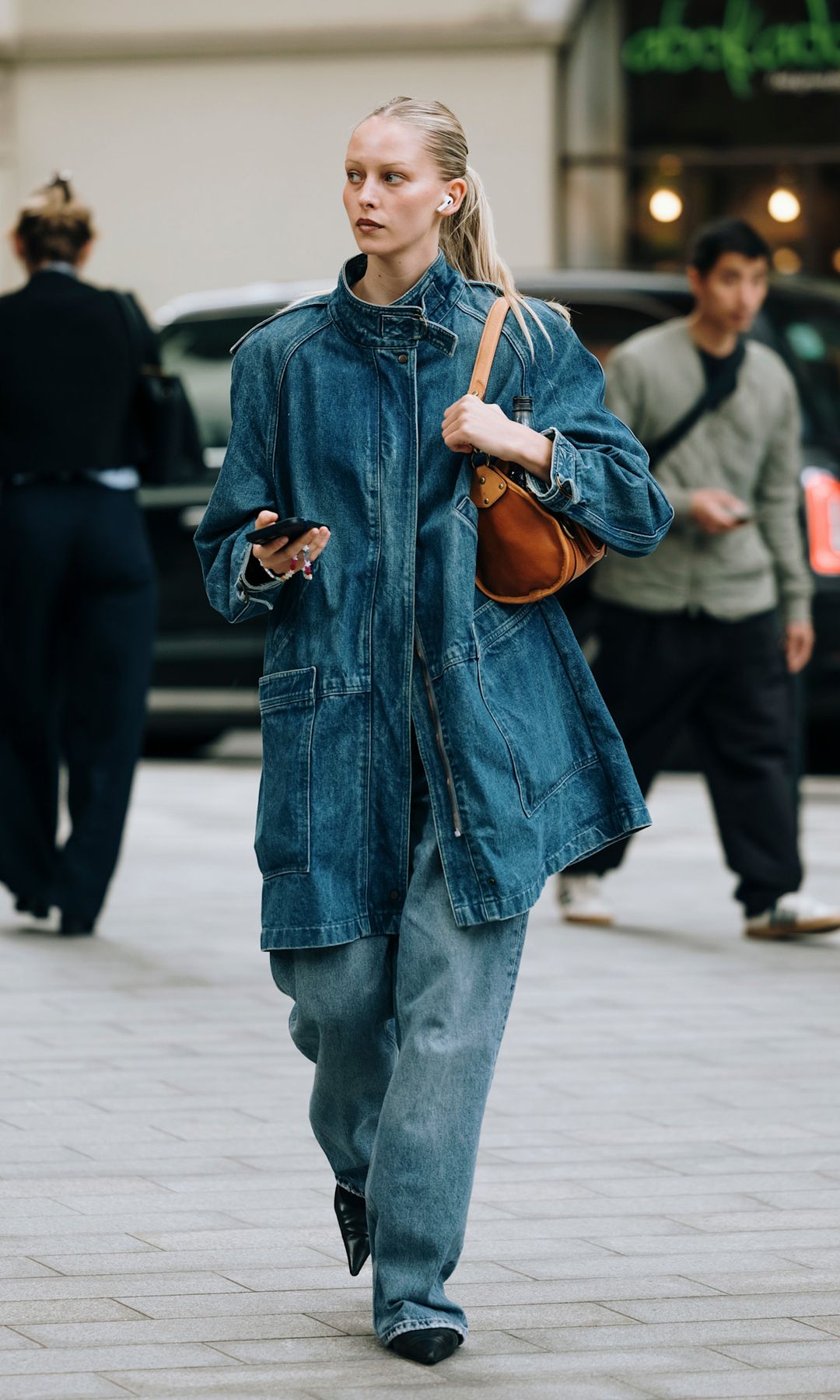 London Street Style SS25 model in double denim