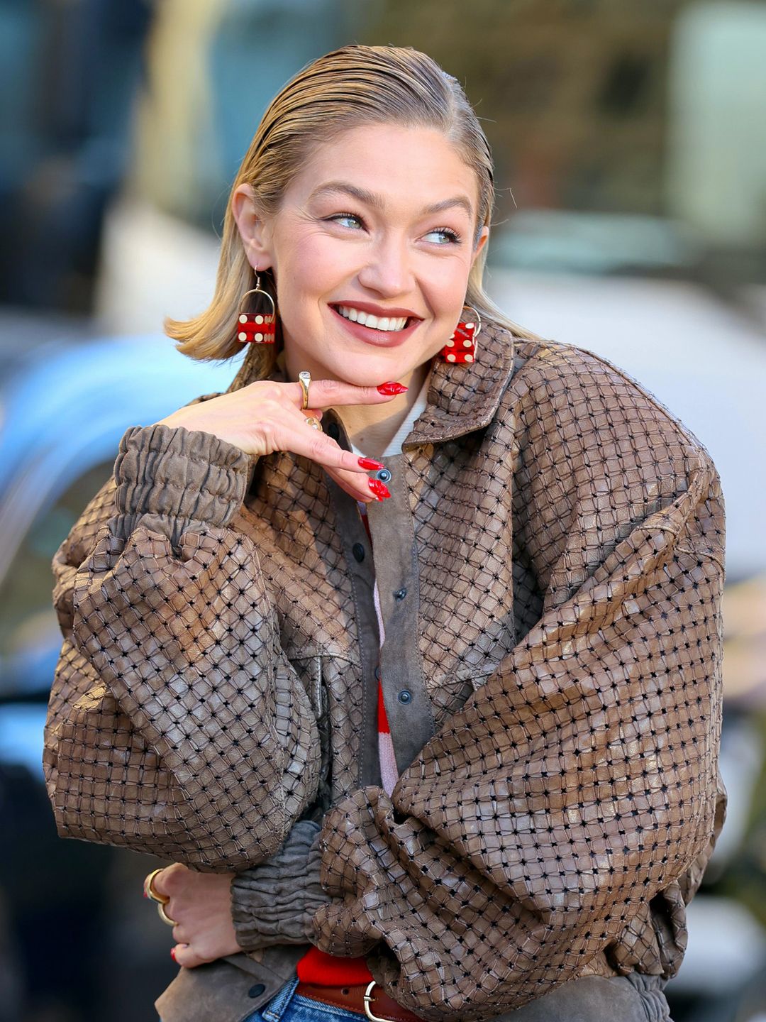 Gigi Hadid is seen filming a commercial for 'Maybelline' in Downtown, Manhattan on November 13, 2024 in New York City. 