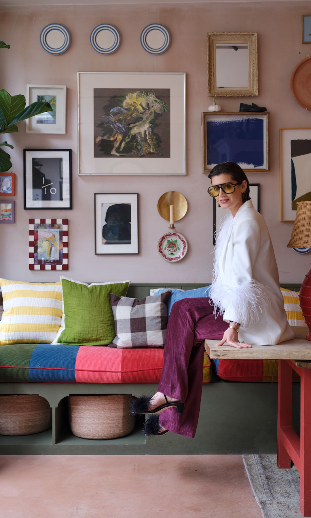 The dining area features her son's lone school shoe sat atop a wall hanging