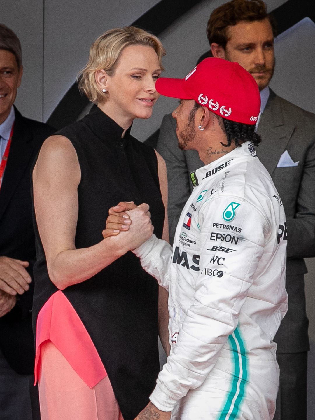 princess charlene greeting lewis hamilton