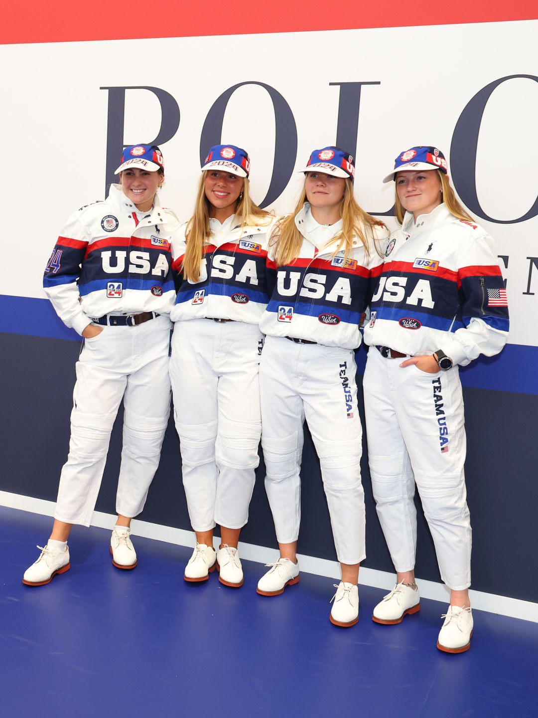 Teal Cohen, Emily Delleman, Lauren O'Connor and Grace Joyce try on clothes at the Team USA Welcome Experience Ahead of Paris 2024 on July 22, 2024 in Paris, France.  (Photo by Joe Scarnici/Getty Images for USOPC)