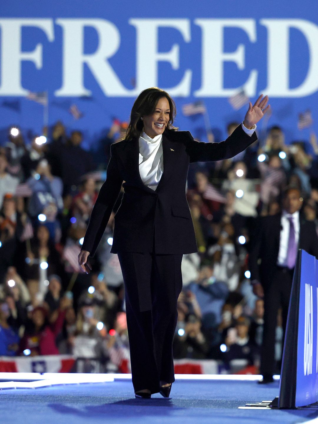 Democratic presidential nominee, U.S. Vice President Kamala Harris, arrives on stage for a campaign rally on the Ellipse on October 29, 2024 in Washington, DC. With one week remaining before Election Day, Harris delivered her "closing argument" speech where she outlined her plan to moved America forward and urged voters to "turn the page" on Republican presidential nominee, former U.S. President Donald Trump. (Photo by Kevin Dietsch/Getty Images)