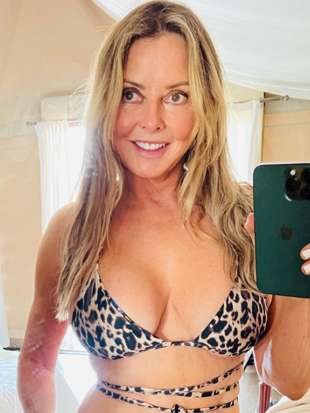 Carol Vorderman in a leopard-print bikini