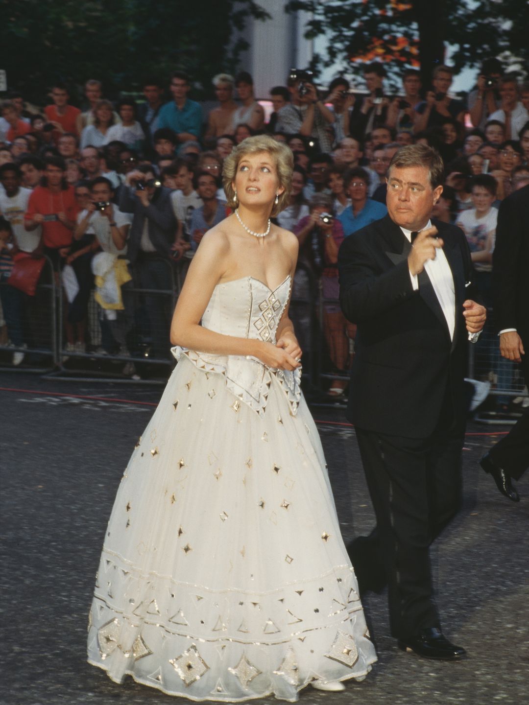 princess diana in white dress at premiere