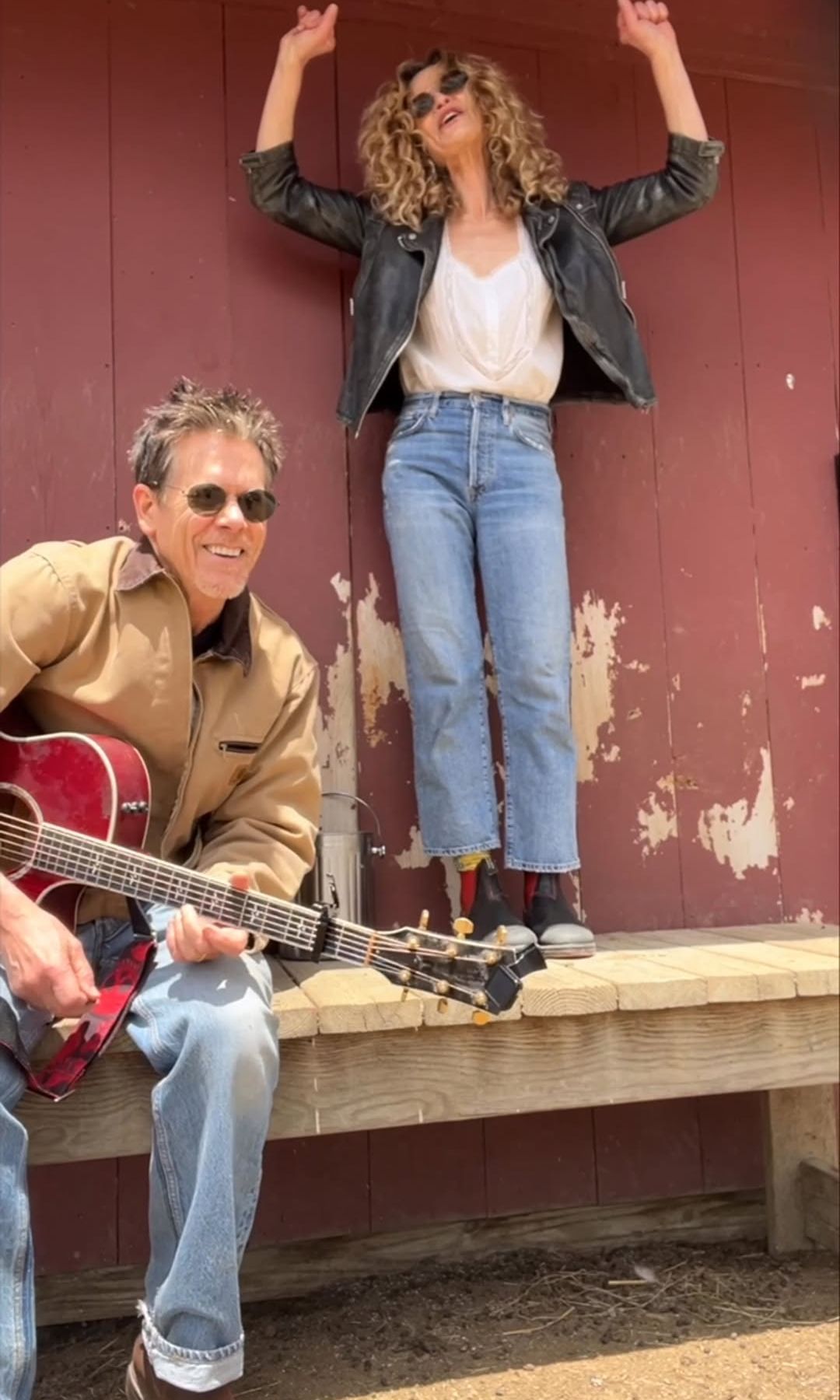 Kevin Bacon and Kyra Sedgwick filmed singing near a barn on their farm in Connecticut, shared on Instagram