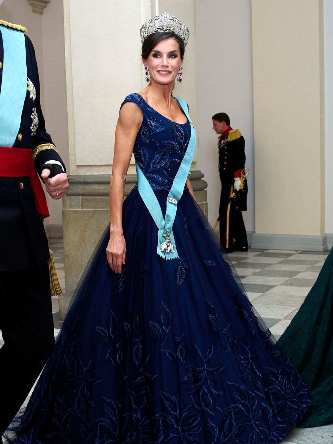 Queen Letizia looked stunning in a dark blue dress by Felipe Varela