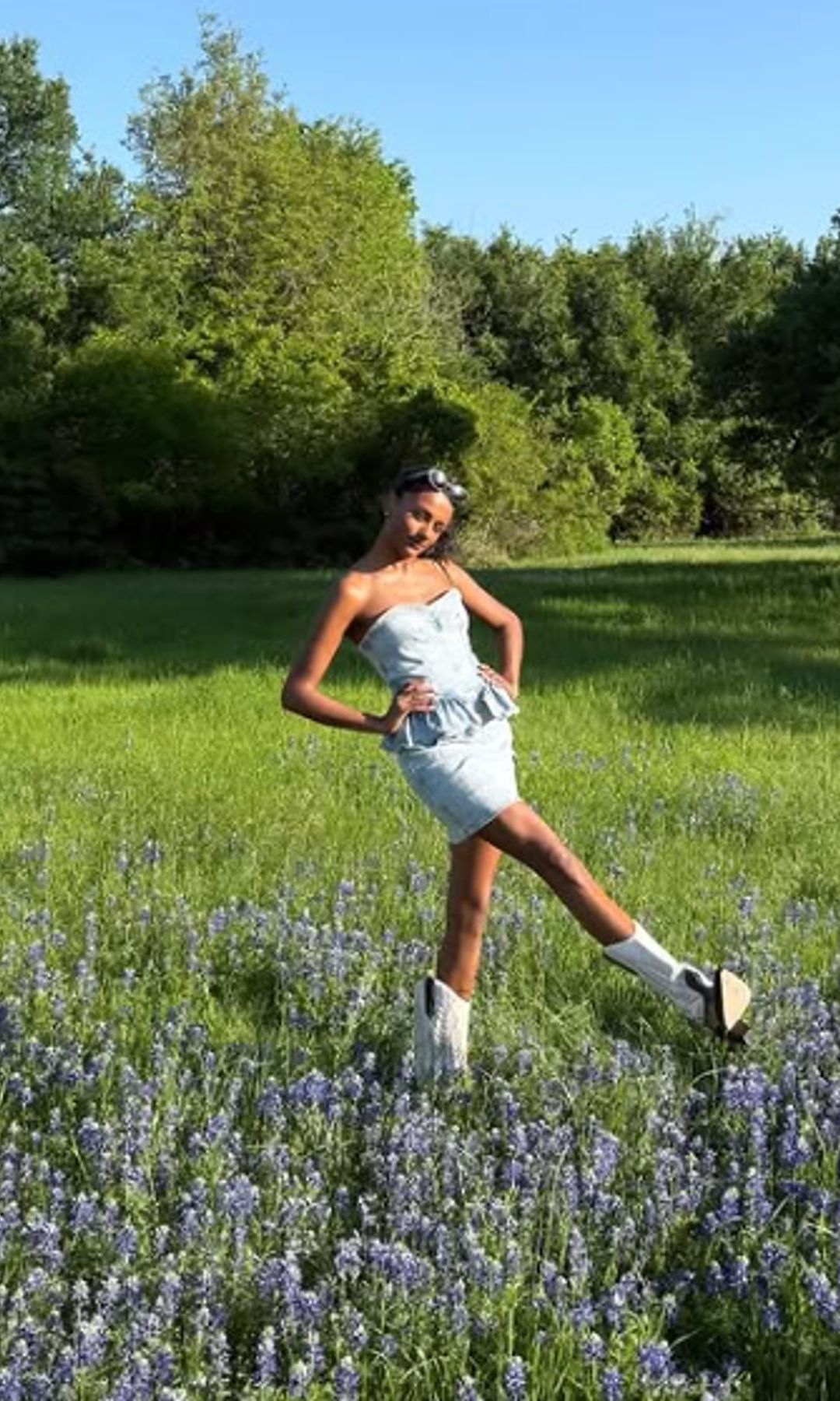 simone ashley in denim mini dress