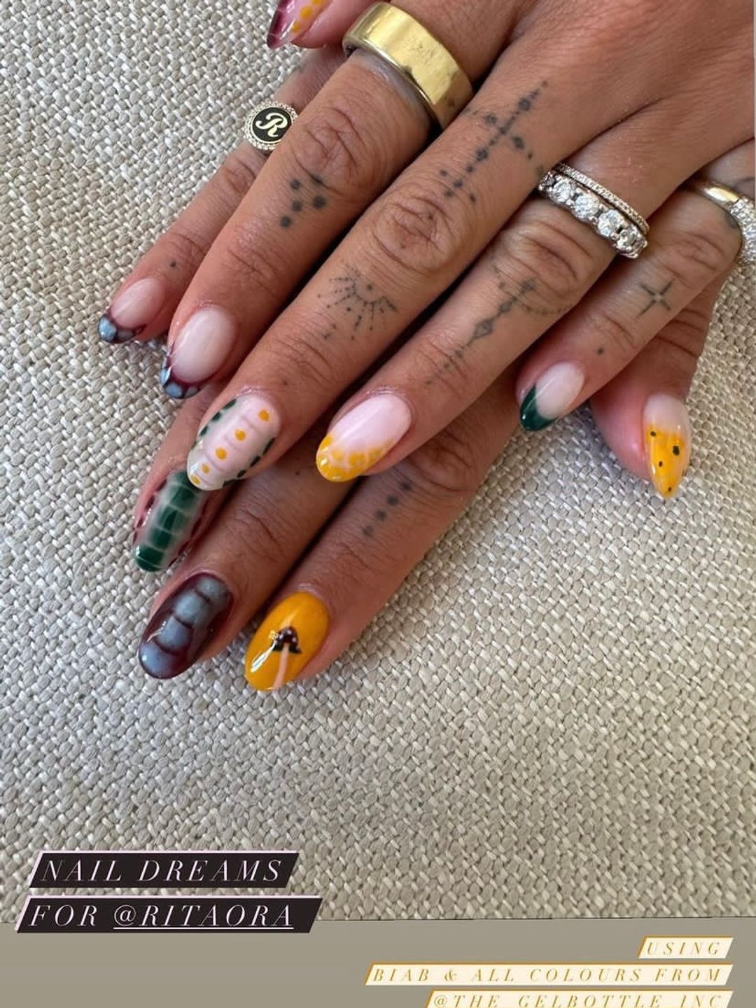 Rita Ora's colourful, geometric mix & match manicure