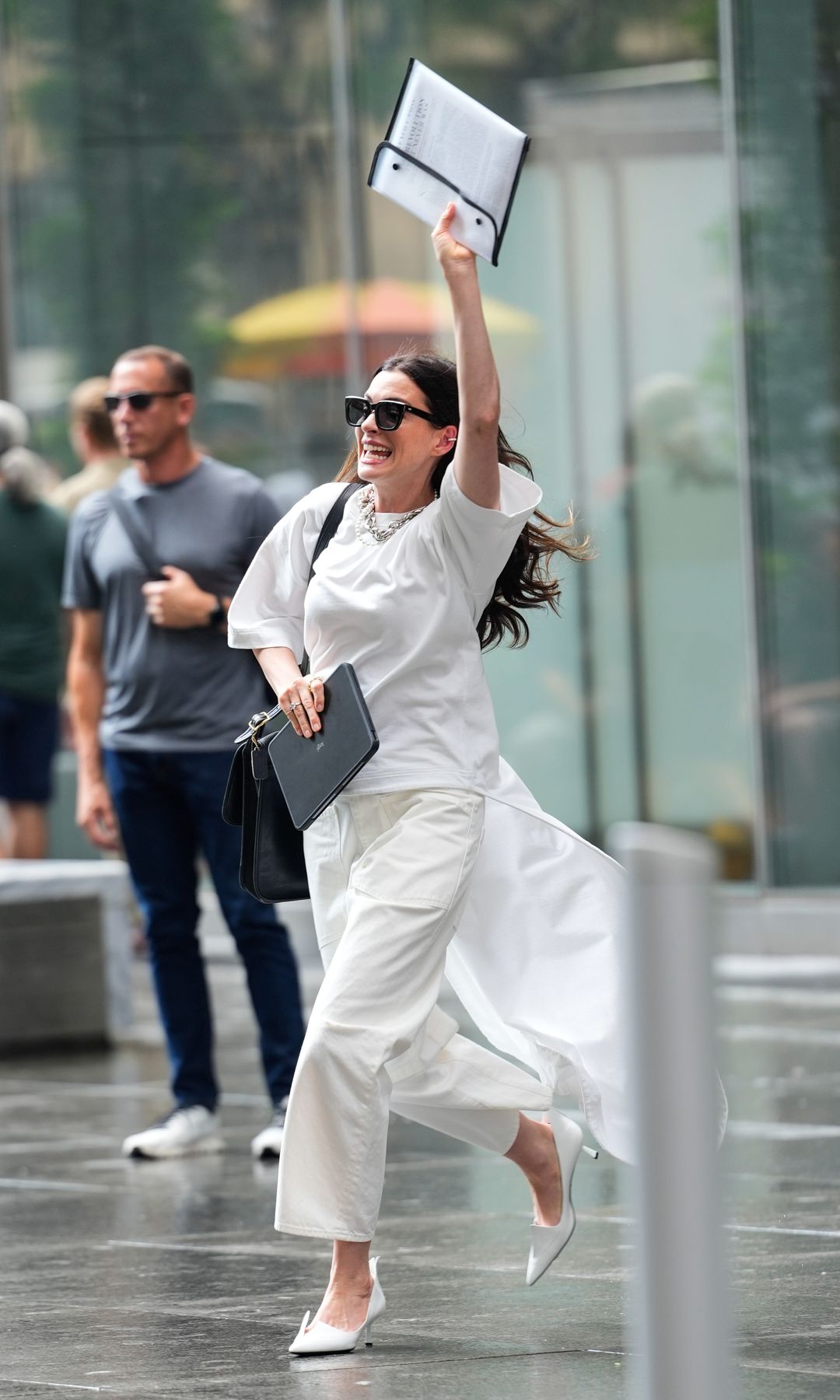Anne Hathaway is seen on the set of "The Devil Wears Prada" on July 25, 2025 in New York City.