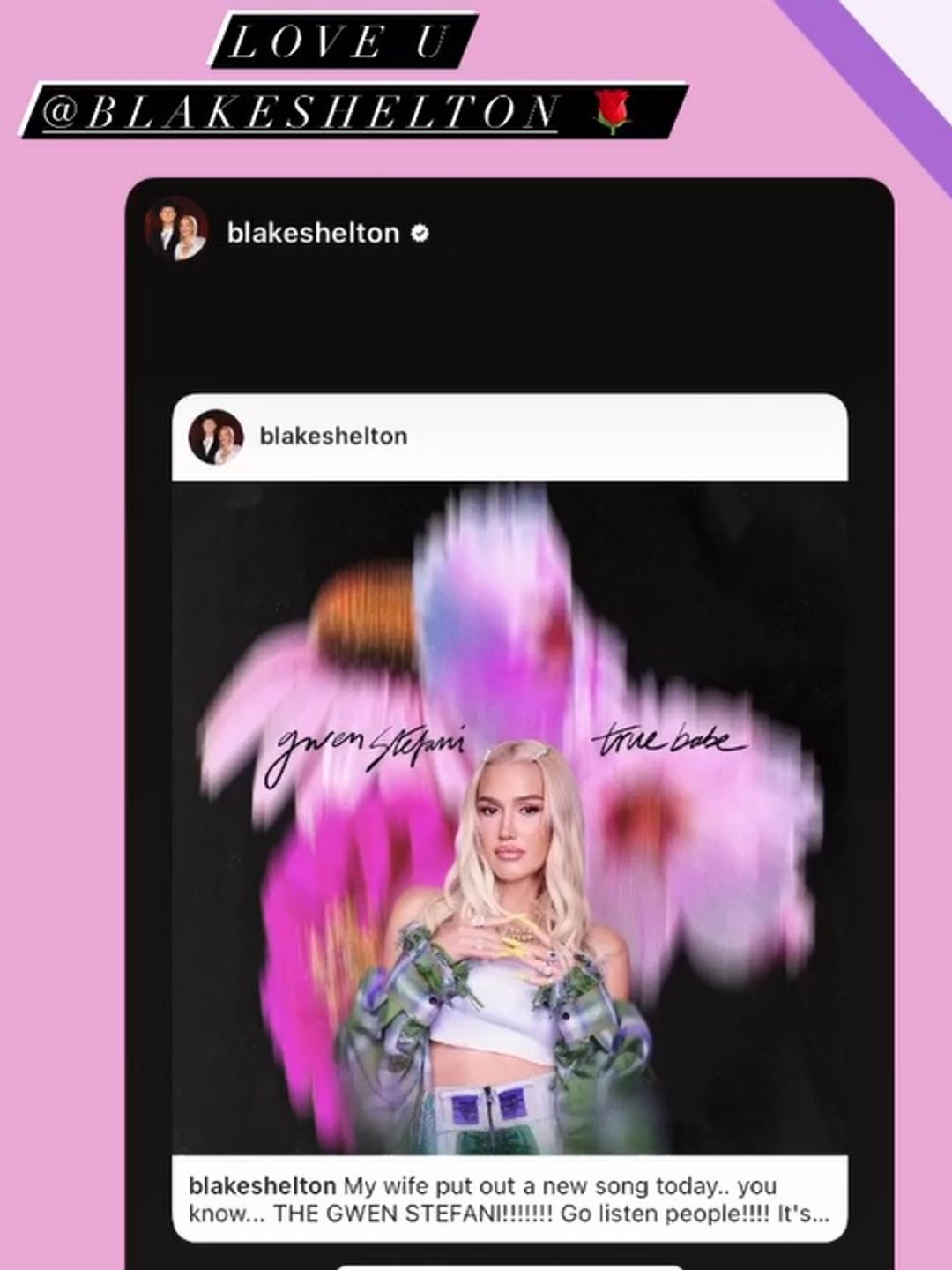 A screenshot of Gwen's response to Blake's sweet Instagram post on Friday