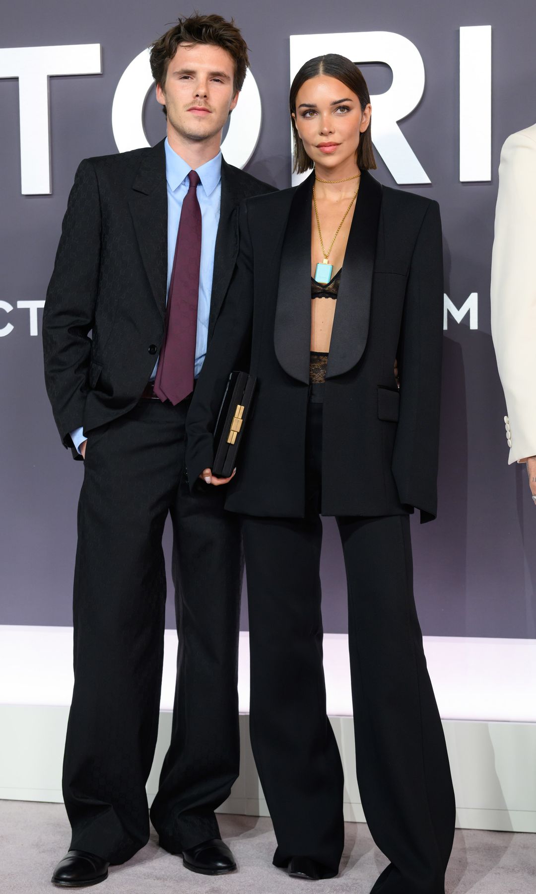 Cruz Beckham and Jackie Apostel attend the "Victoria Beckham" World Premiere at the Curzon Mayfair on October 08, 2025 in London, England. 