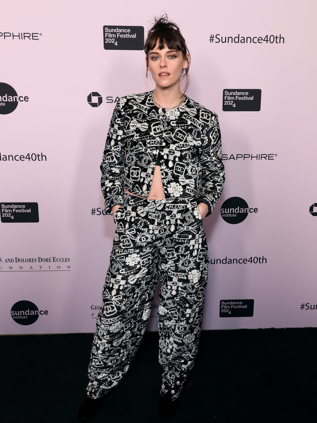 Kristen Stewart attends the 2024 Sundance Film Festival Opening Night Gala wearing a matching Chanel jacket and pant combo
