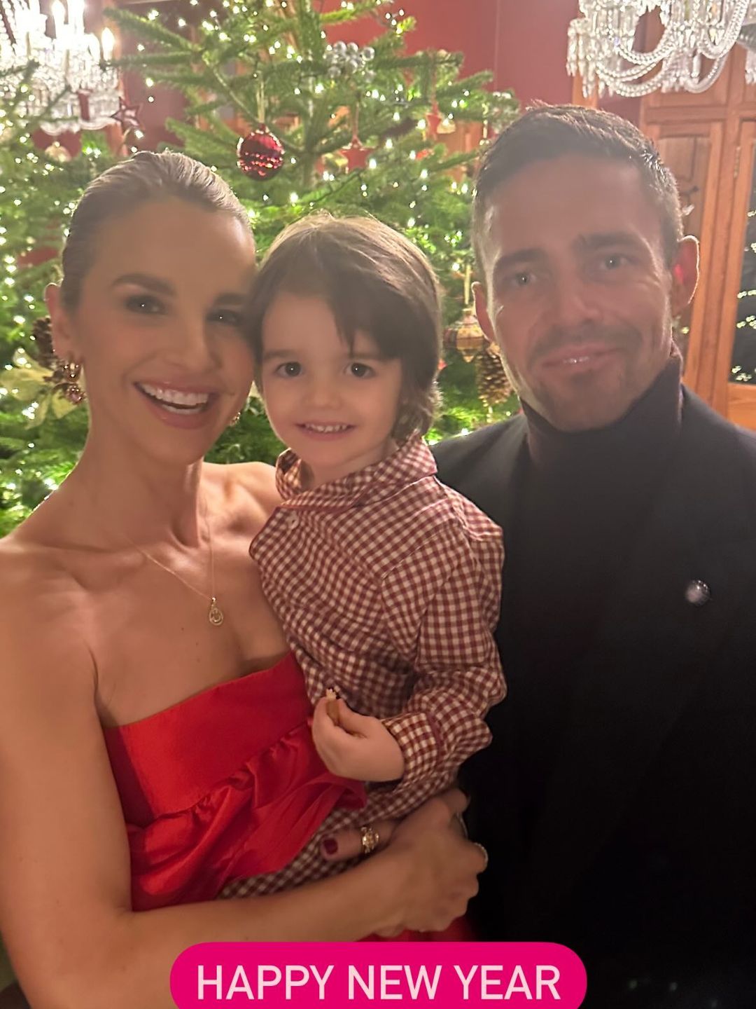 family posing by christmas tree