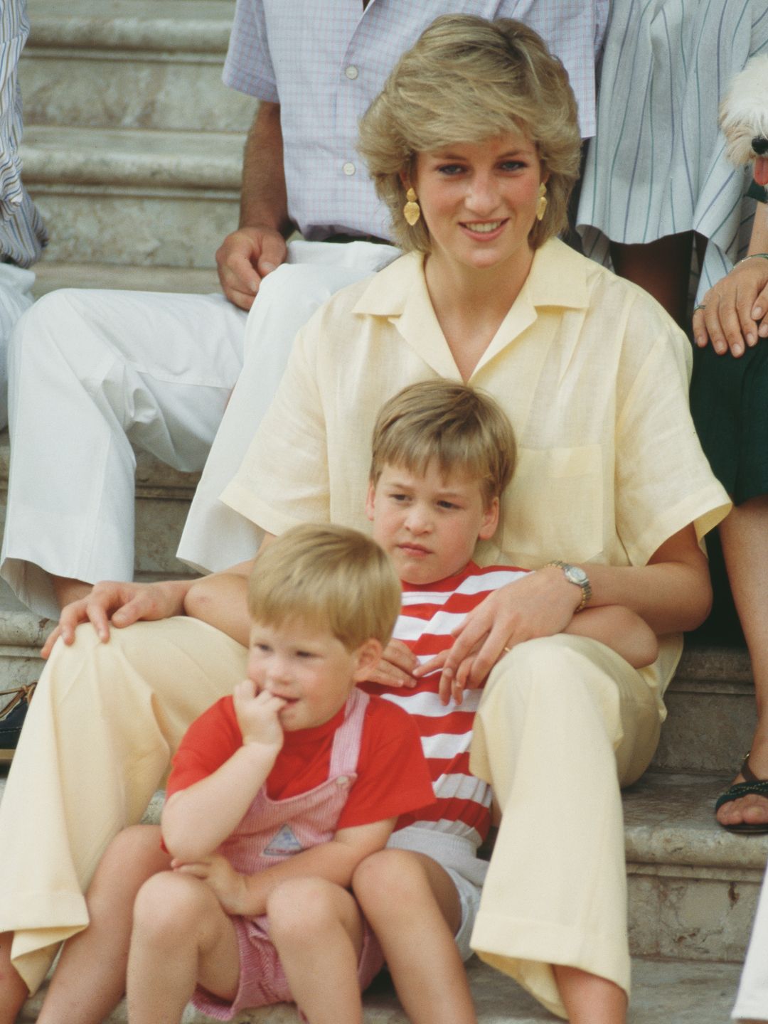 Diana, Princess of Wales with her sons William and Harry during a holiday with the Spanish royal family at the Marivent Palace in Palma de Mallorca, Spain, August 1987