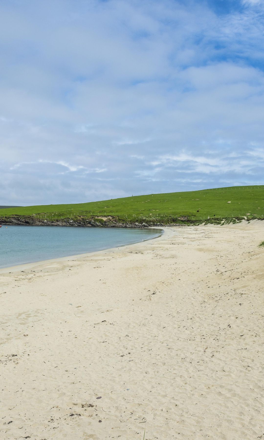 A white sand beach and coastline with green hills in Levenwick