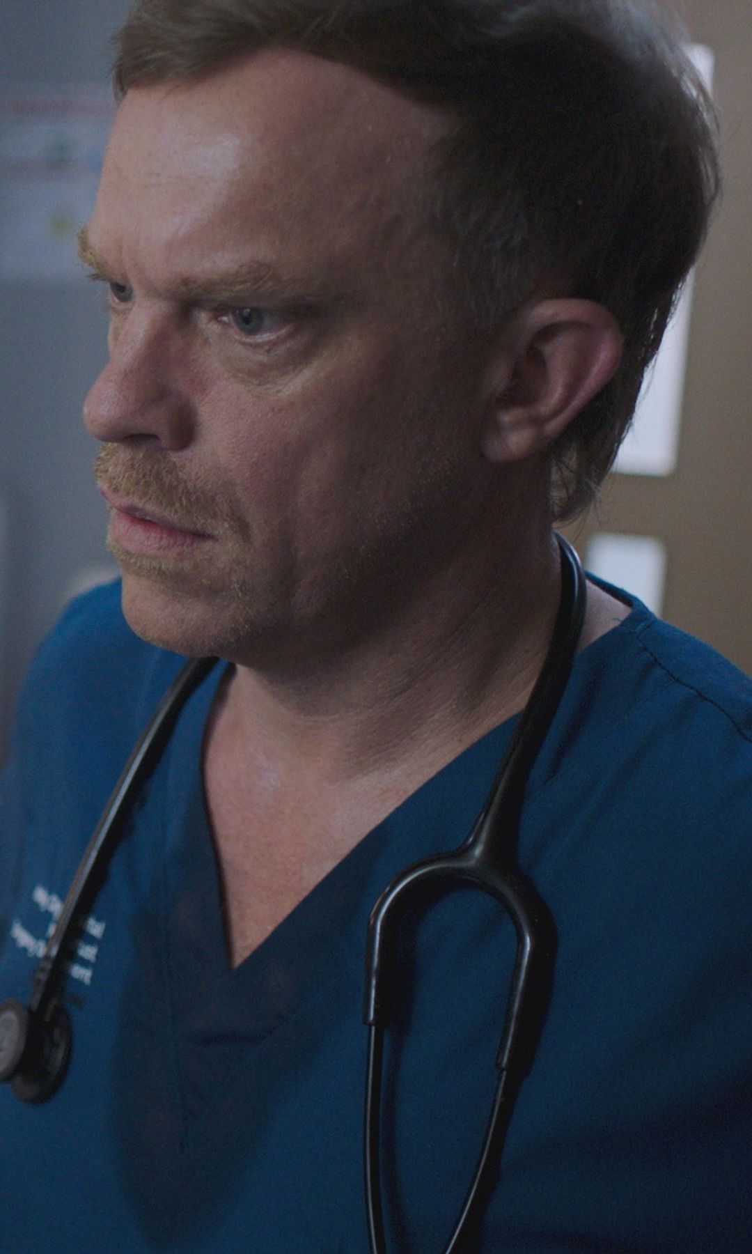 William Beck and a blurry Elinor Lawless in a scene from Casualty