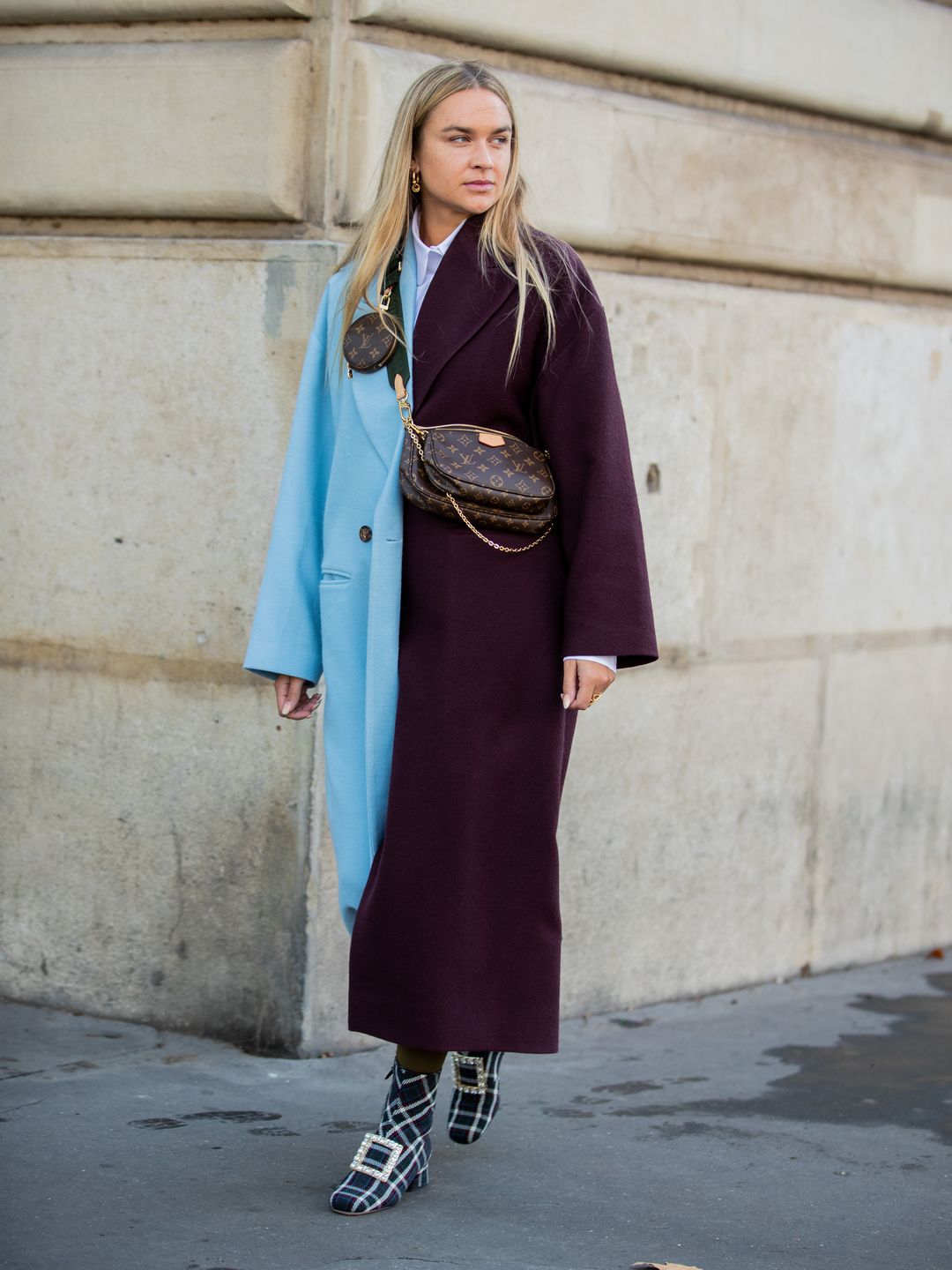 model in blue-red coat