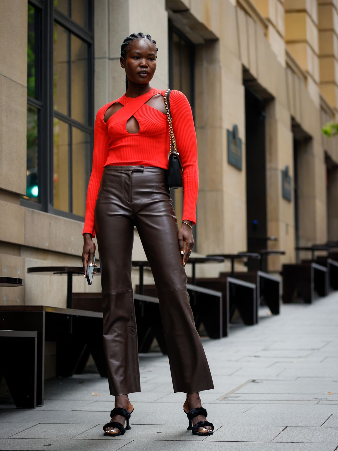Chocolate Brown Leather Kick Flare Trousers
