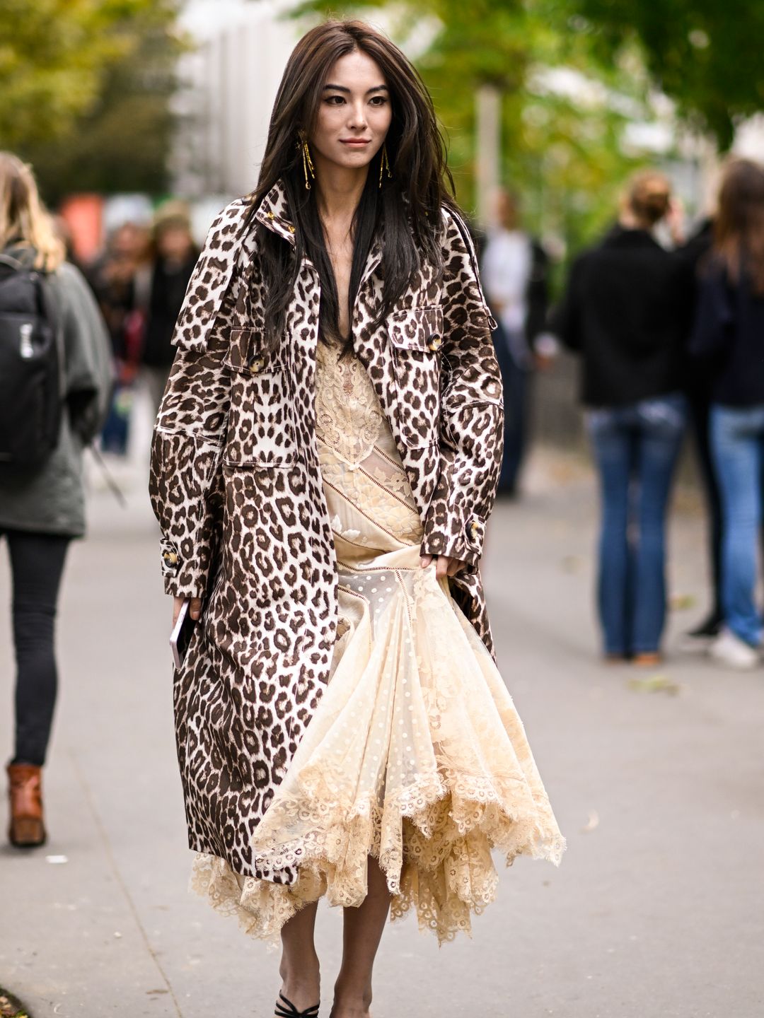 leopard print trench coat worn by influencer