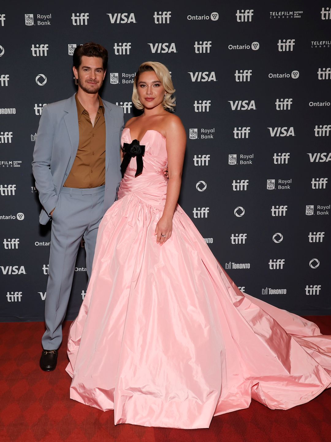 Andrew Garfield and Florence Pugh attend the premiere of "We Live in Time"  during the 2024 Toronto International Film Festival at Princess of Wales Theatre on September 06, 2024 in Toronto, Ontario.  (Photo by Emma McIntyre/Getty Images)