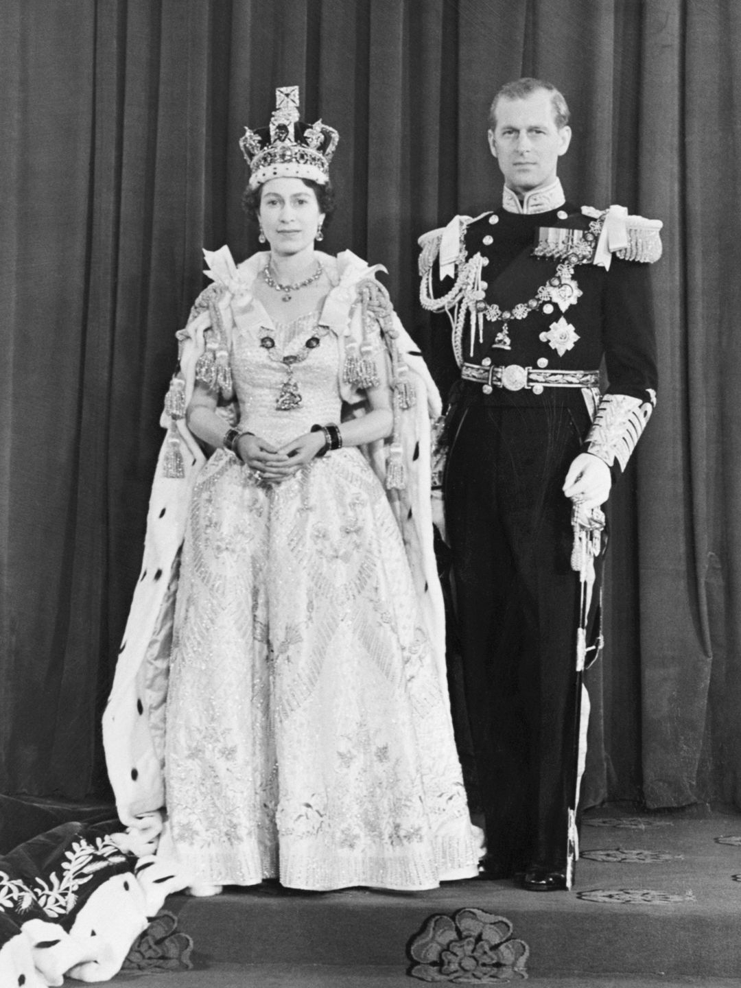 The Queen wearing her Coronation gown, the Imperial State Crown and regal robes