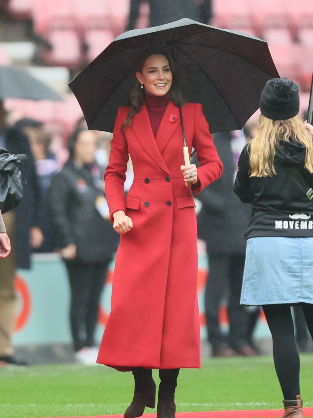 Catherine, Princess of Wales greets the England team before the 2021 Rugby League World Cup Quarter Final match between England and Papua New Guinea at the DW Stadium, Wigan, on Saturday 5th November 2022. (Photo by Pat Scaasi/MI News/NurPhoto via Getty Images)