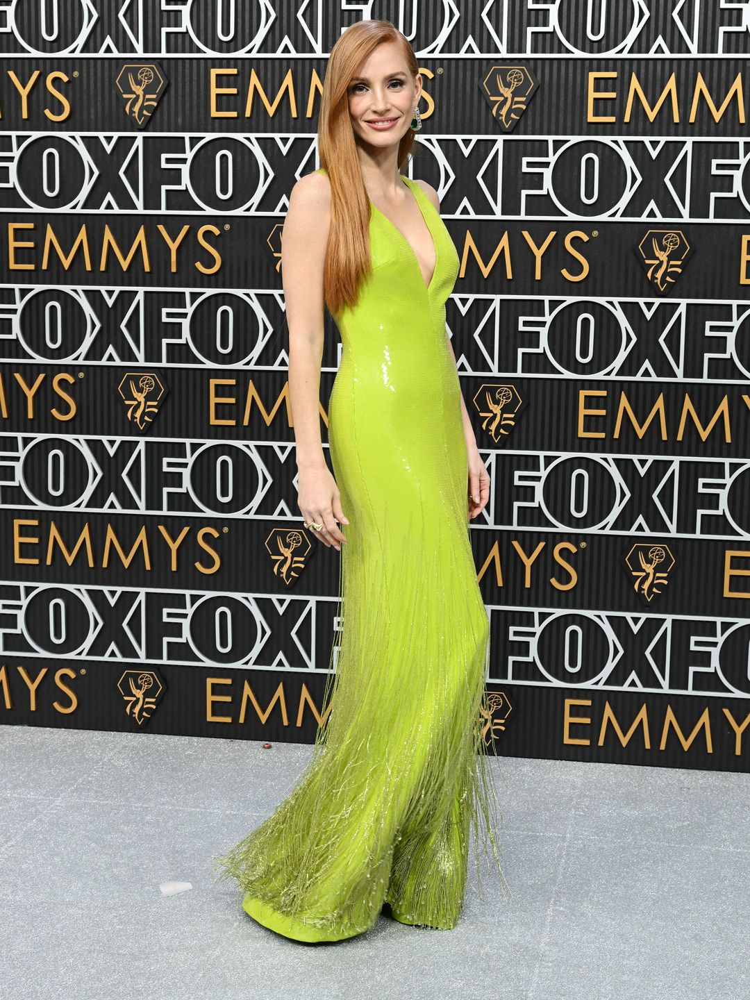 Jessica Chastain wearing lime green at the Emmys 