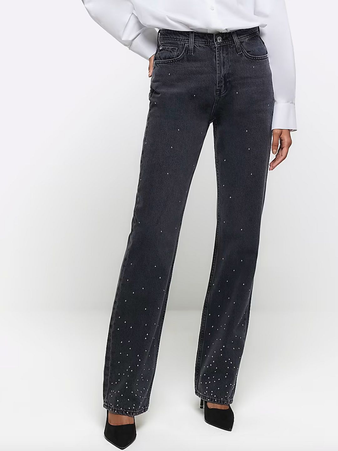 Black Embellished Stove Pipe Straight Jeans - River Island