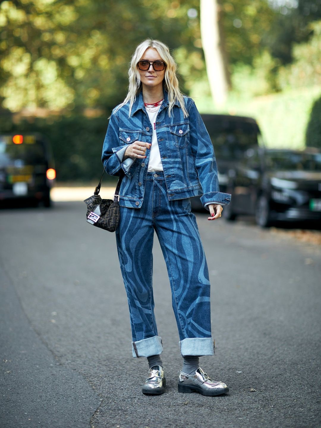 woman in double denim with swirl print