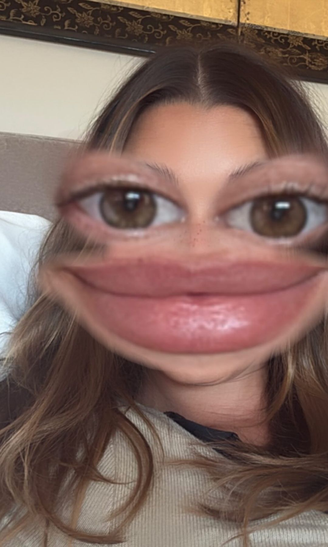 Hailey Bieber plays with a filter on her phone that exaggerates the size of her lips and eyes 