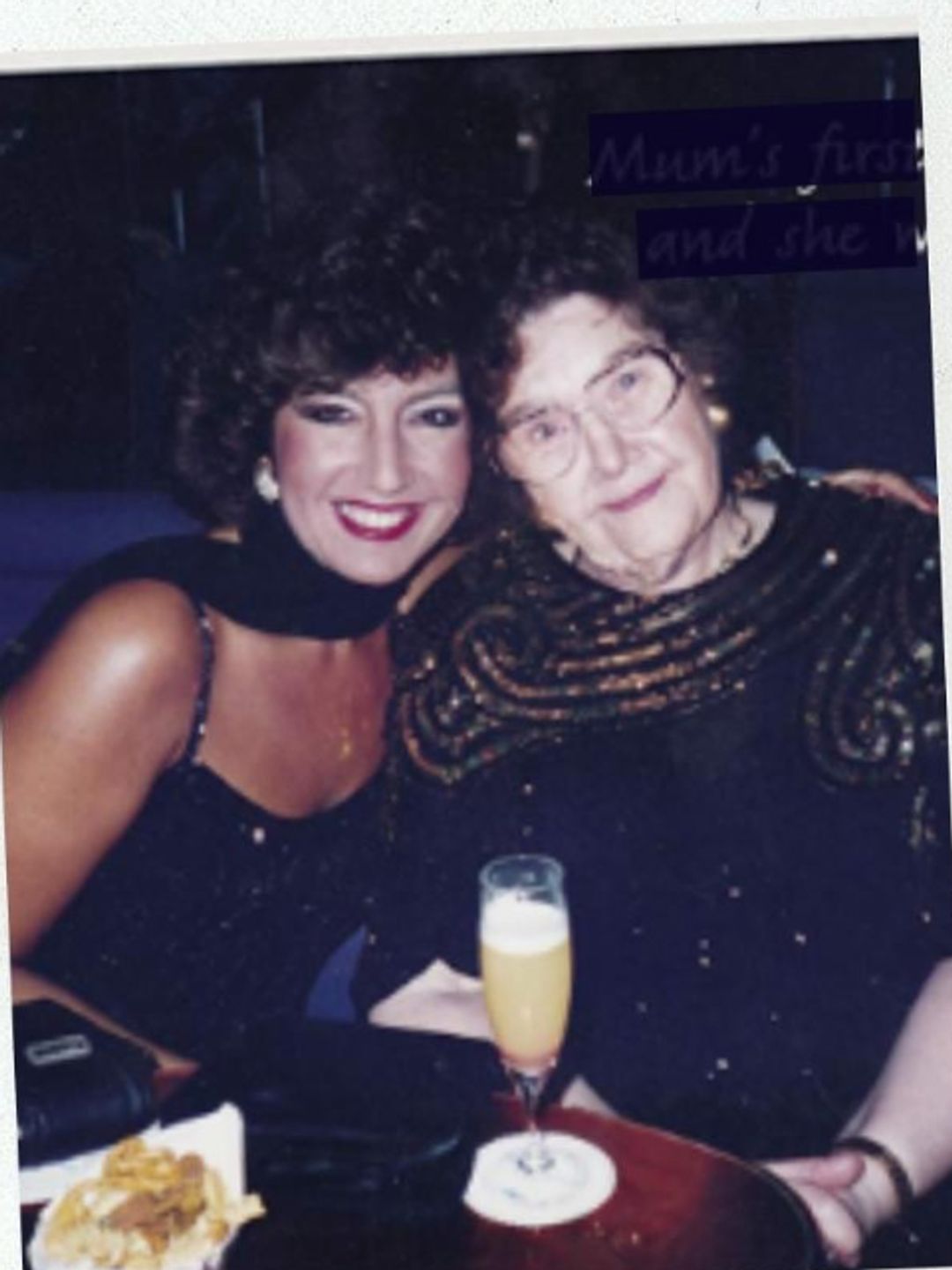 Photo of Jane McDonald wth an elderly woman, and the front cover of her book, Riding the Waves