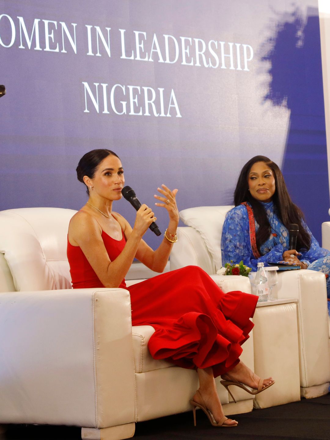 Meghan, Duchess of Sussex speaks at a Women in Leadership event co-hosted with Ngozi Okonjo-Iweala on May 11, 2024 in Abuja, Nigeria. (Photo by Andrew Esiebo/Getty Images for The Archewell Foundation)