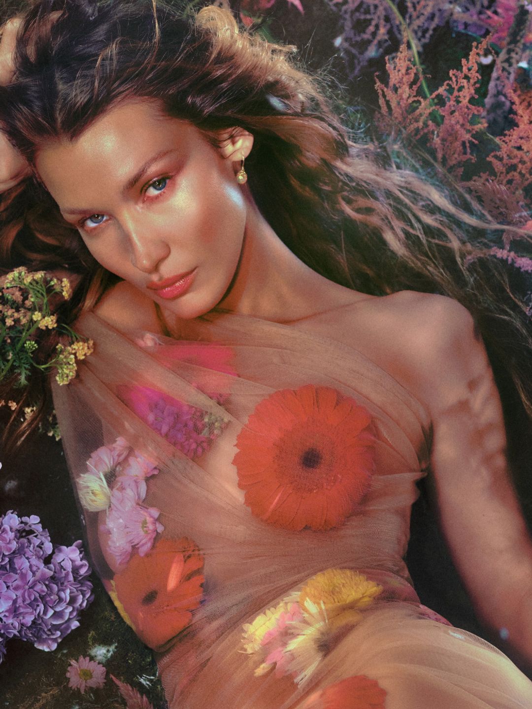 Bella Hadid lying in a meadow