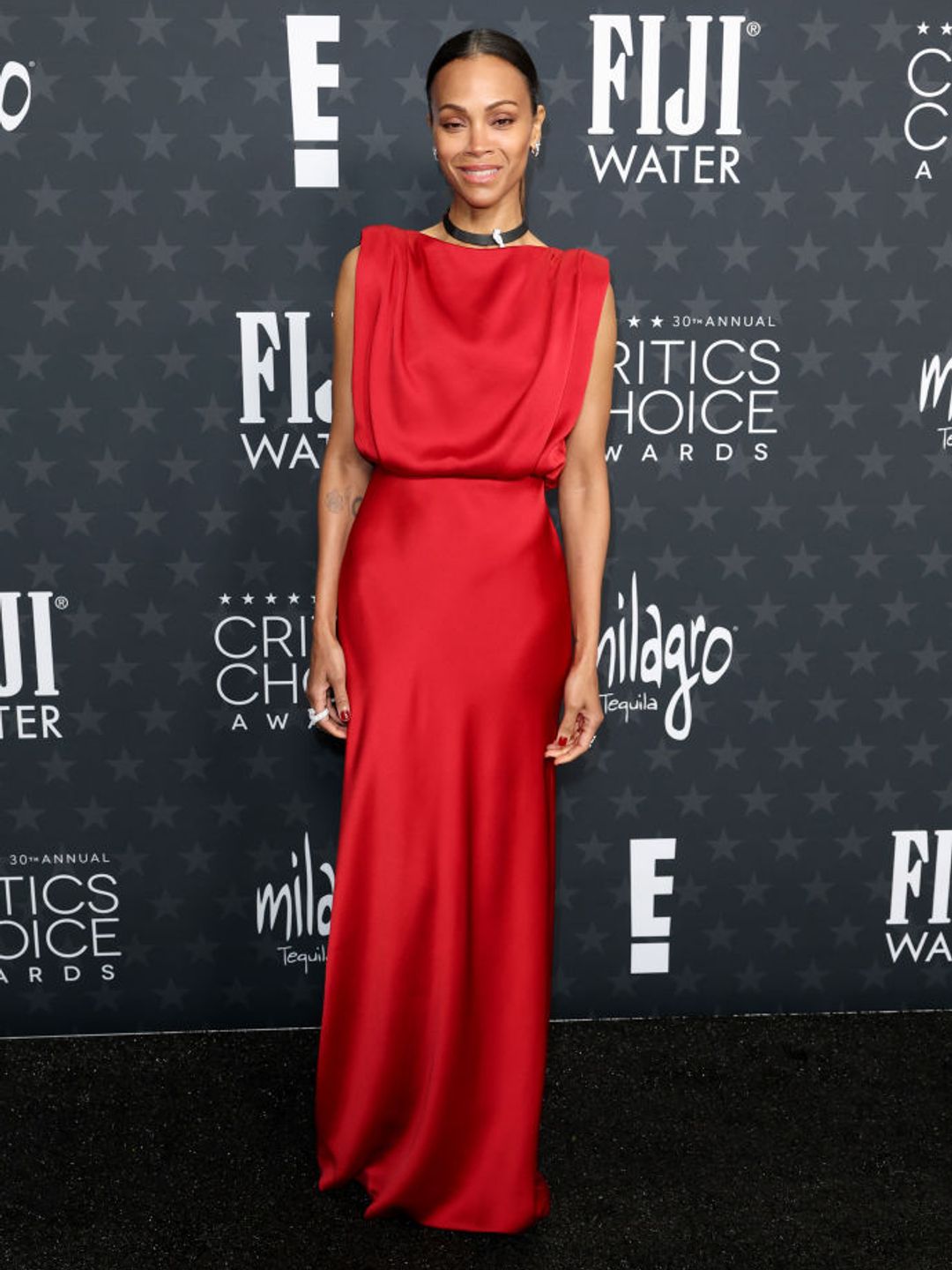 SANTA MONICA, CALIFORNIA - FEBRUARY 07: Zoe Saldana attends the 30th Annual Critics Choice Awards at Barker Hangar on February 07, 2025 in Santa Monica, California.  (Photo by Matt Winkelmeyer/Getty Images for Critics Choice Association)