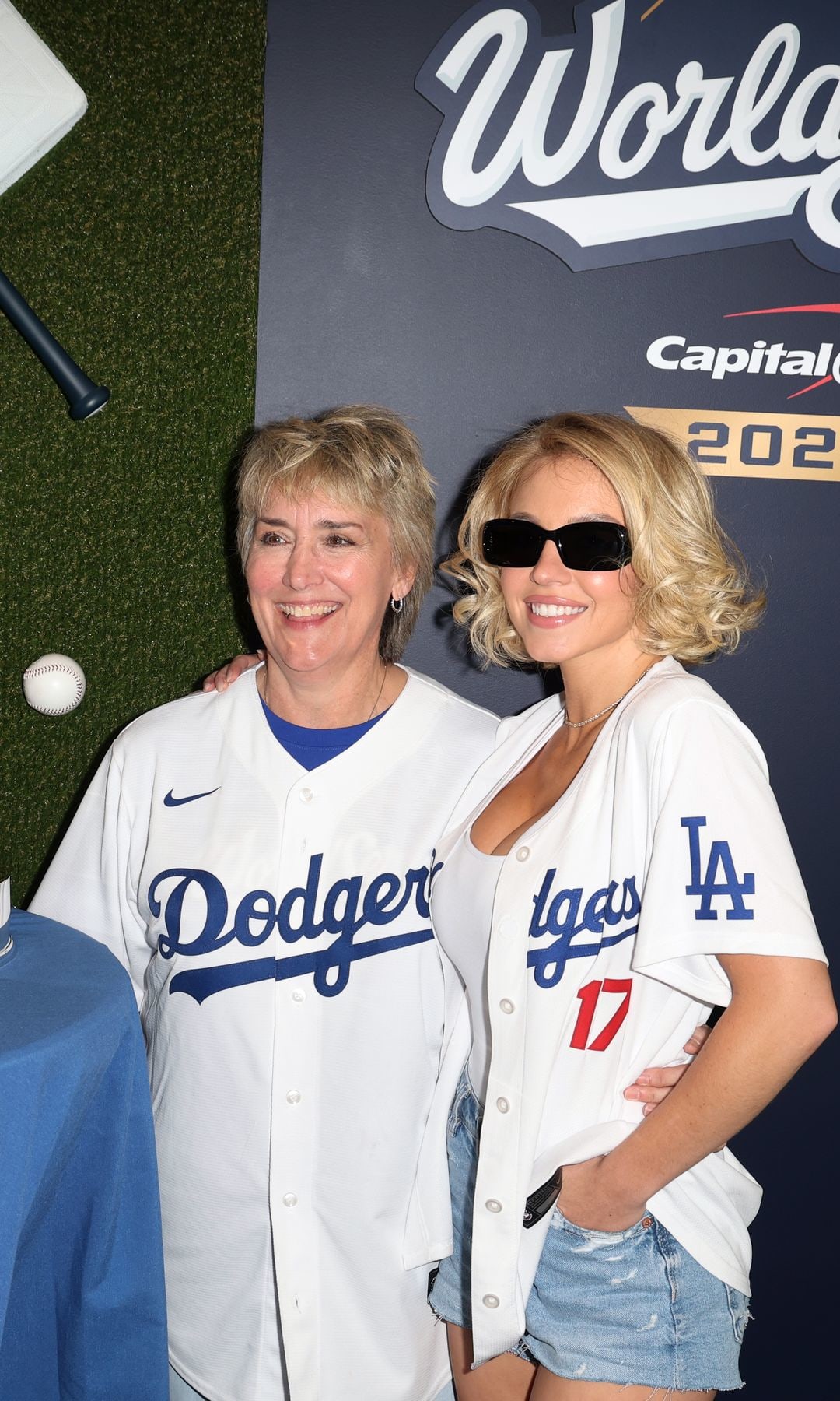 Christy Martin and Sydney Sweeney pose for a photo prior to Game Four of the 2025 World Series presented by Capital One between the Toronto Blue Jays and the Los Angeles Dodgers at Dodger Stadium on Tuesday, October 28, 2025 in Los Angeles, California. (Photo by Joe Scarnici/MLB Photos via Getty Images)