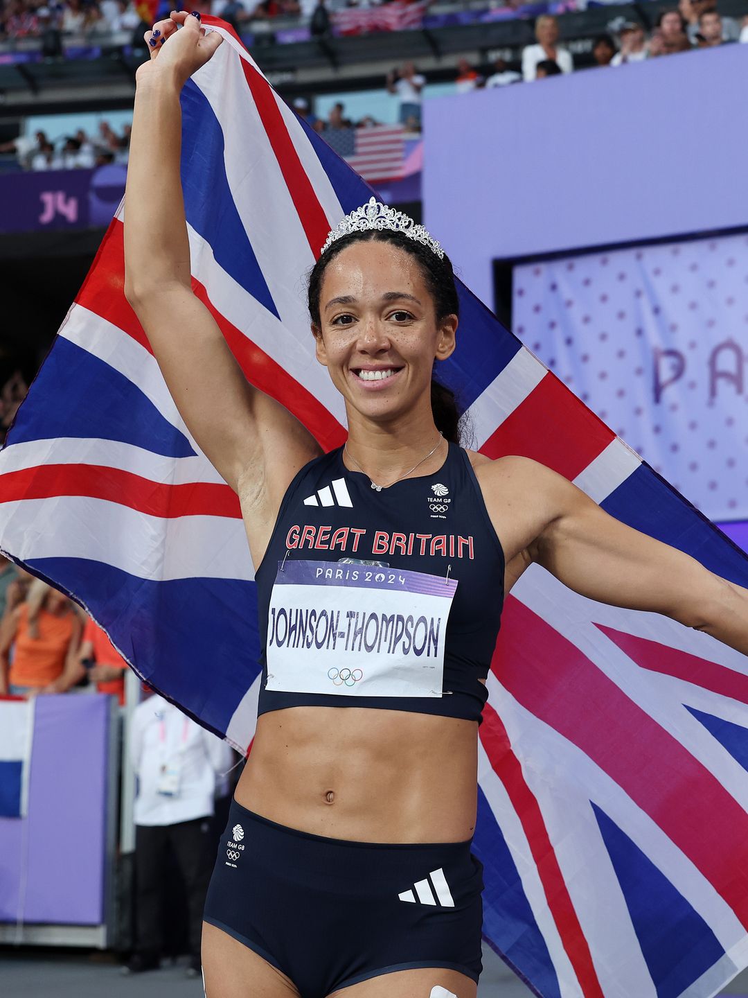 Silver medalist Katarina Johnson-Thompson celebrates after the Women's Heptathlon 800m final