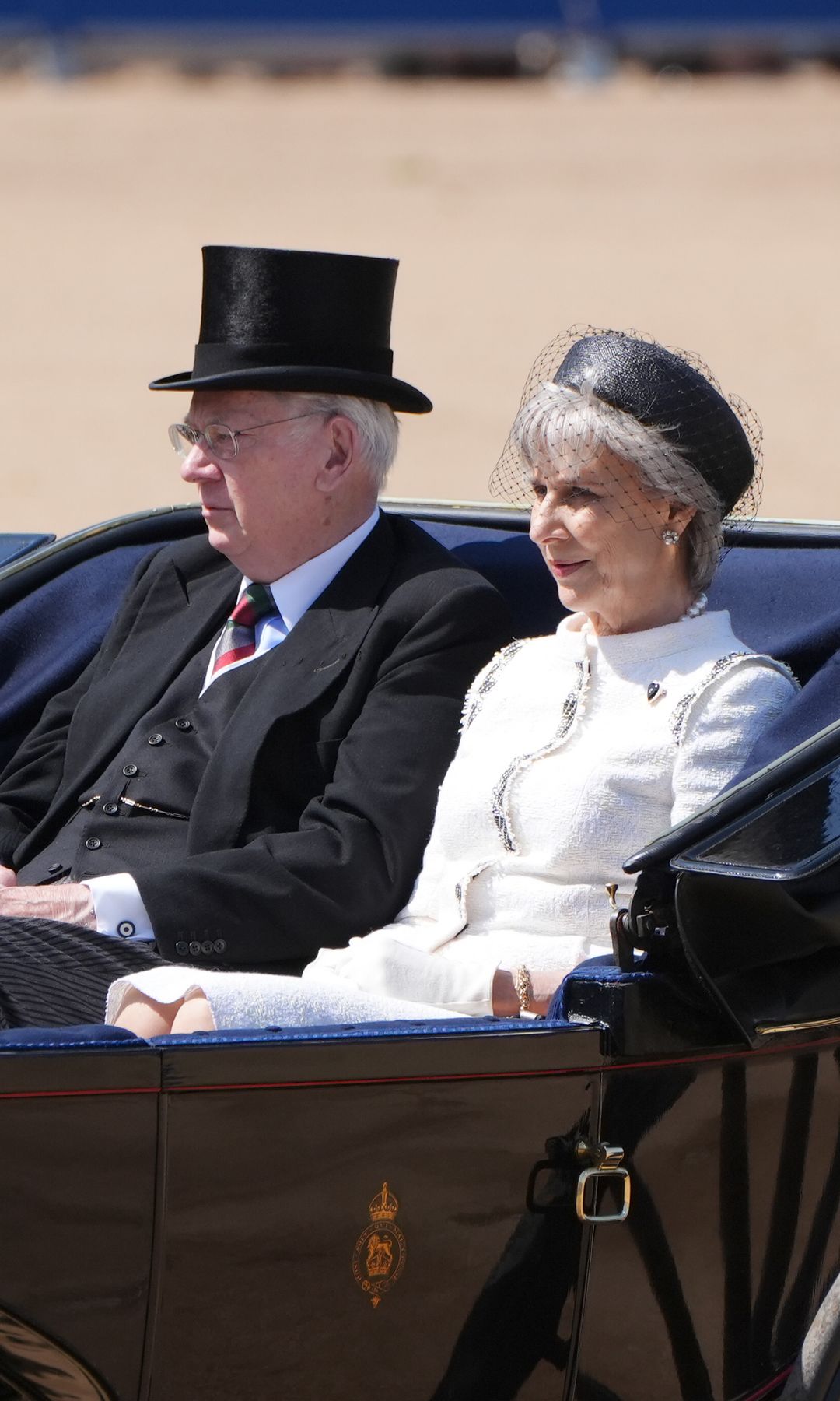 The Duke and Duchess of Gloucester arrive for the Trooping the Colour ceremony at Horse Guards Parade, central London, in celebration of King Charles III's official birthday. Picture date: Saturday June 14, 2025. (Photo by Jonathan Brady/PA Images via Getty Images)