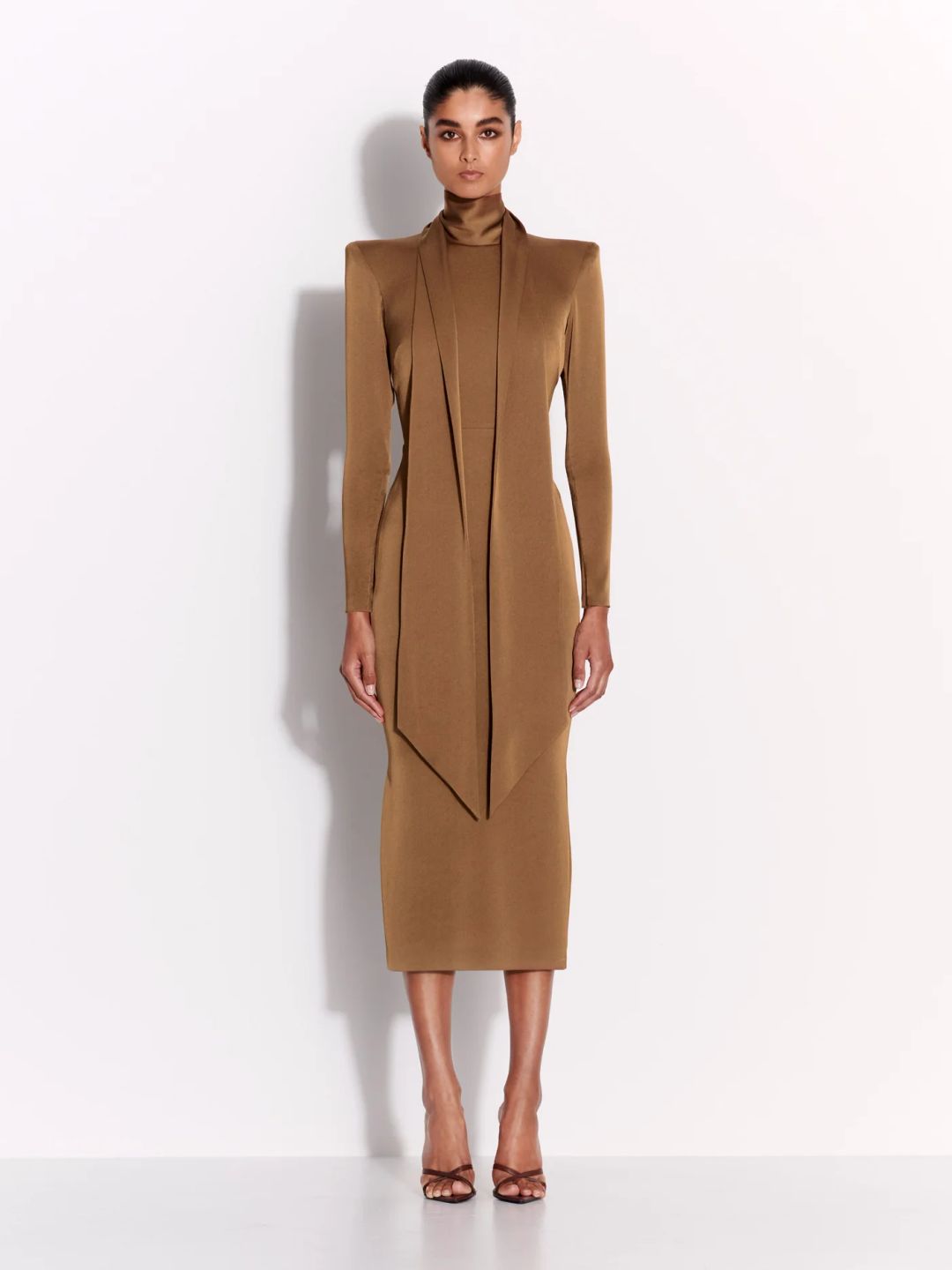 Long Sleeve Scarf Dress in Satin Crepe - Alex Perry