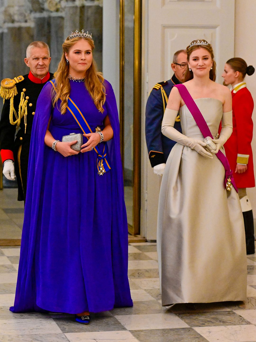 Princess Amalia of the Netherlands and Princess Elisabeth of Belgium during a gala dinner on the occasion of the 18th birthday celebrations of the Danish Prince at Christiansborg Palace in Copenhagen, Denmark.