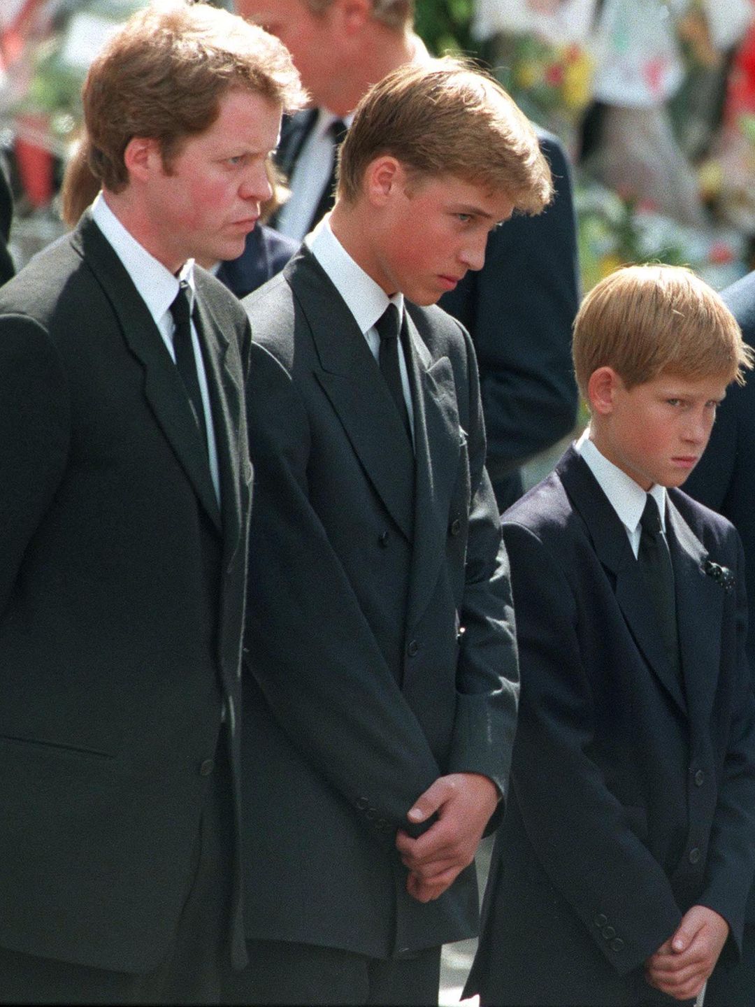 Charles Spencer, Prince William, Prince Harry and King Charles at Princess Diana's funeral