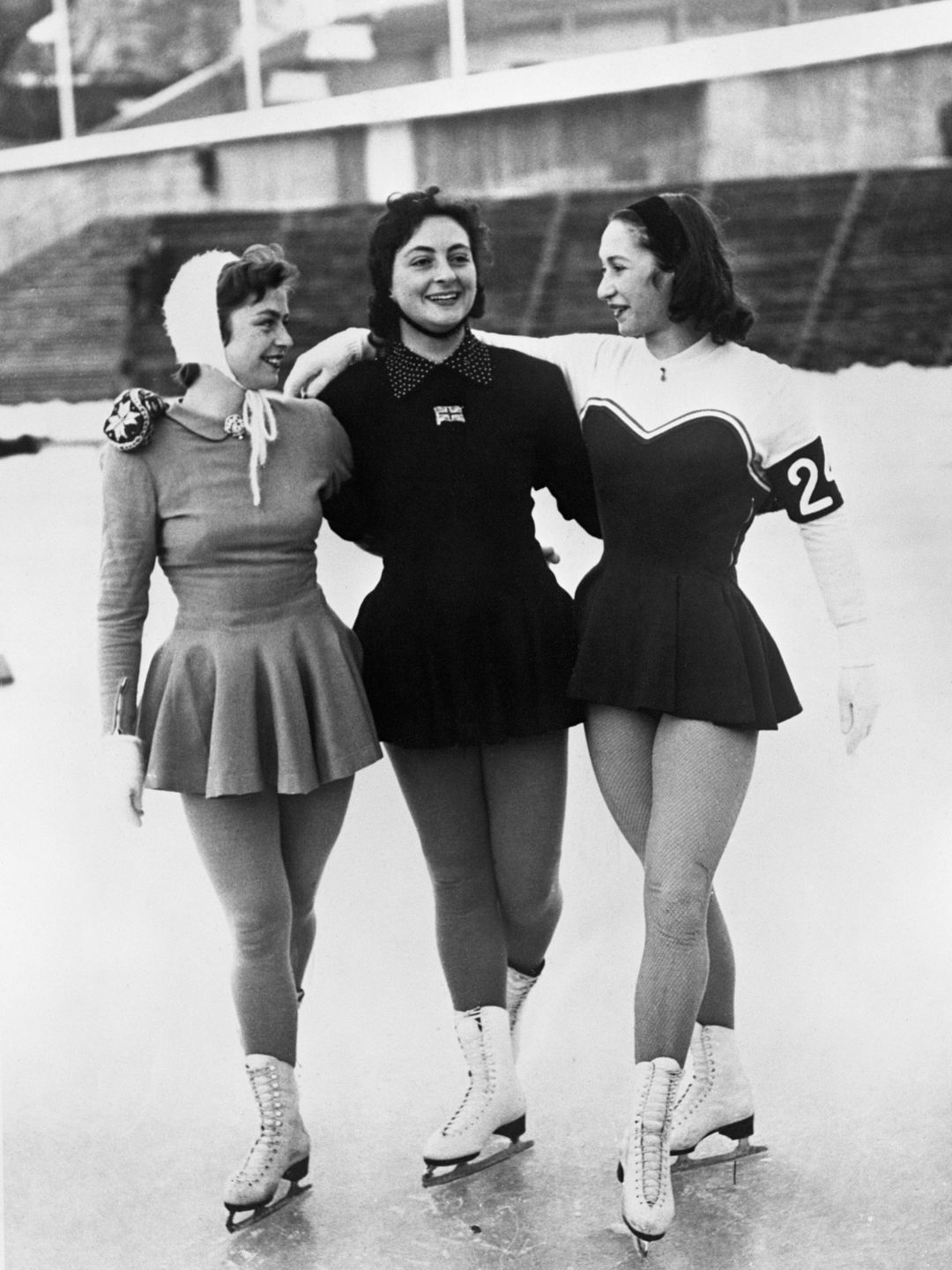 Erika Kraft of Germany, Jeannette Altwegg of Great Britain and Jaqueline du Bief of France at the 1952 Winter Games.