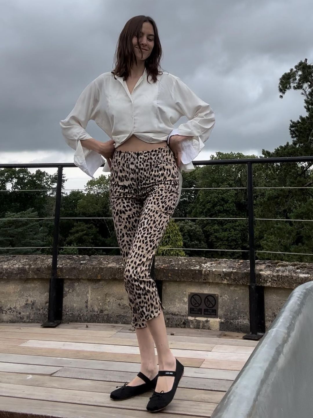 Alexa Chung poses in leopard print pants and a white blouse