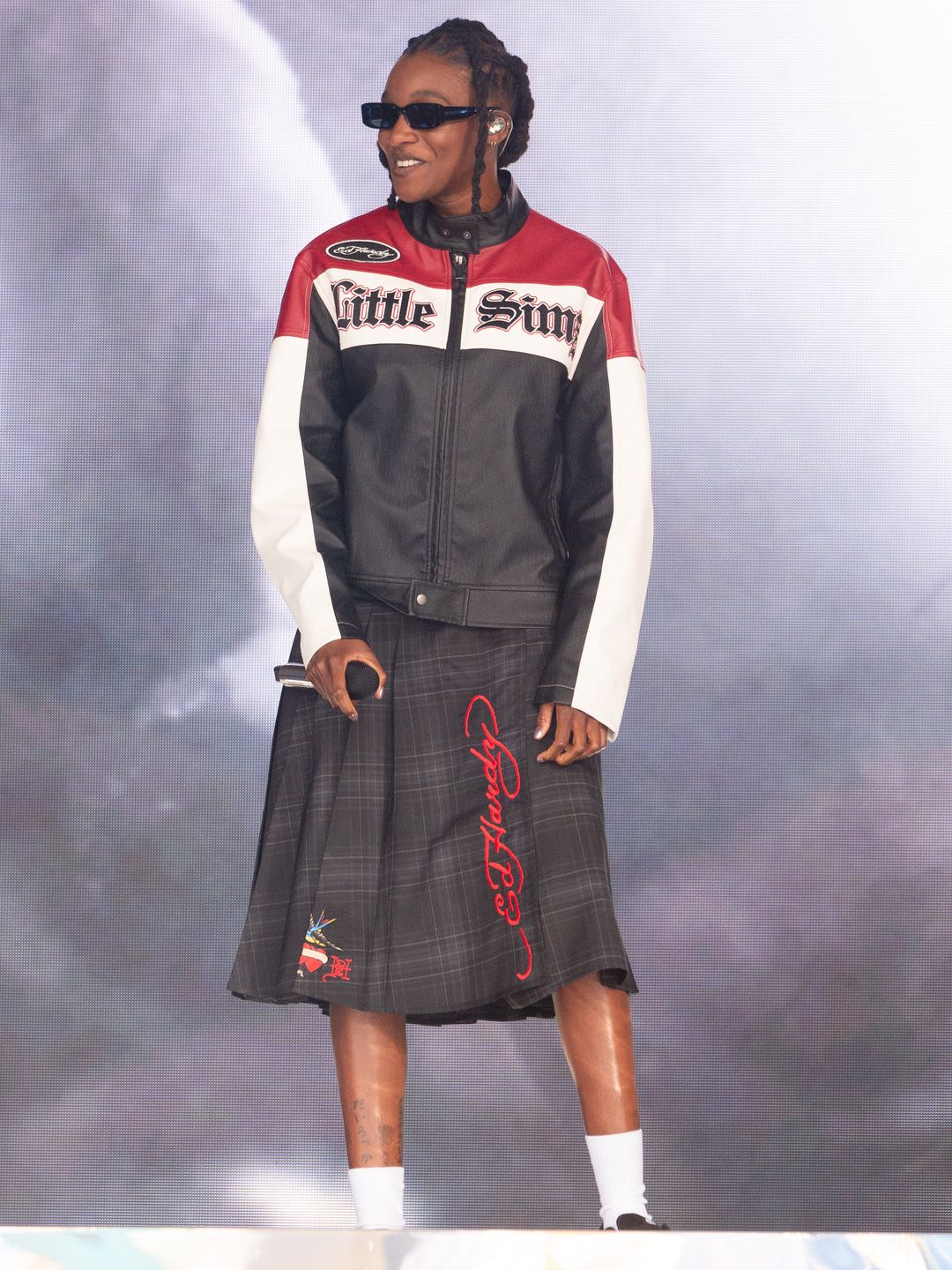 Little Simz performed in a customised motorbike jacket and an Ed Hardy skirt