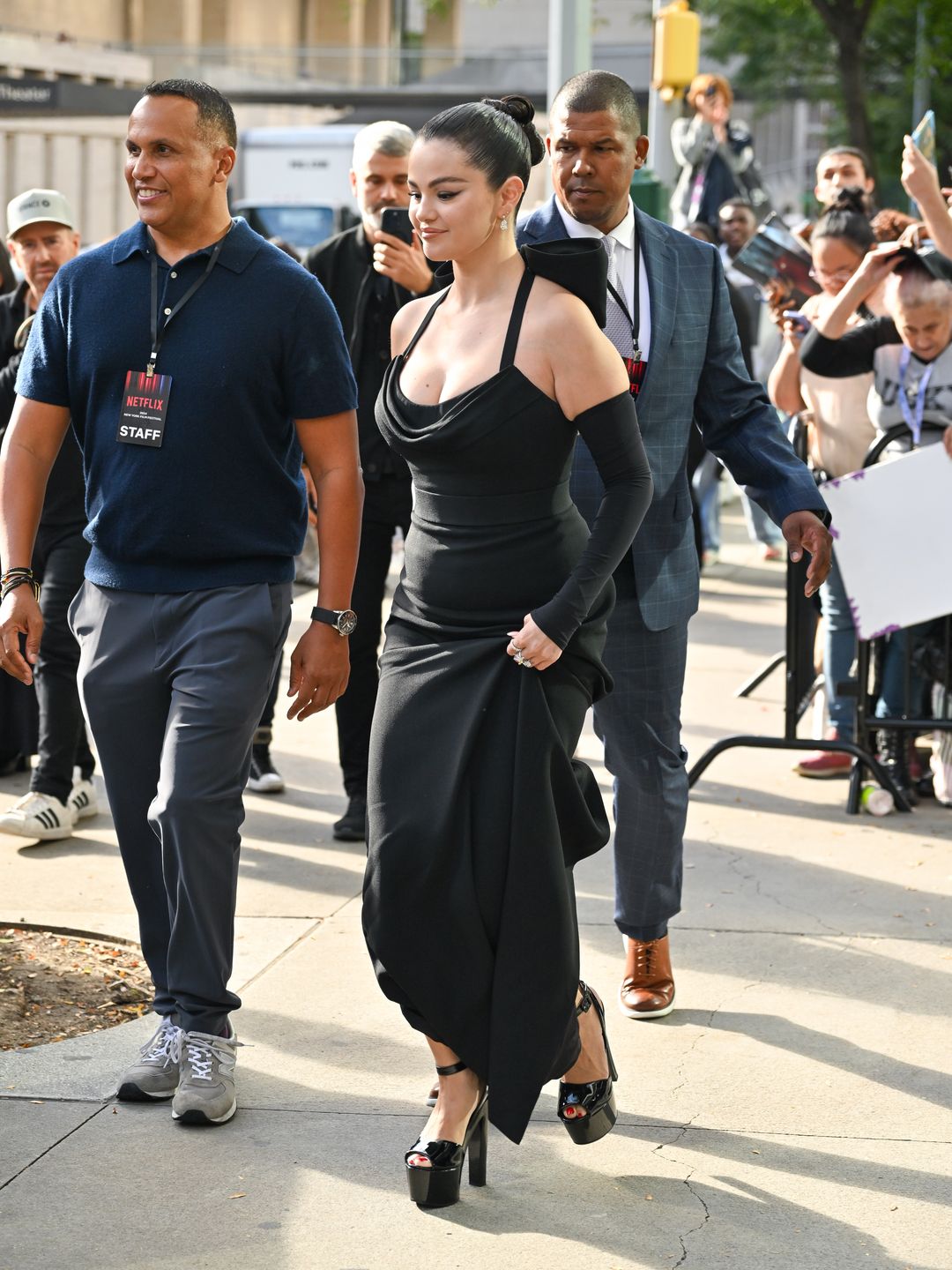 Selena Gomez is seen in a black gown and heels on her way to the New York Film Festival 