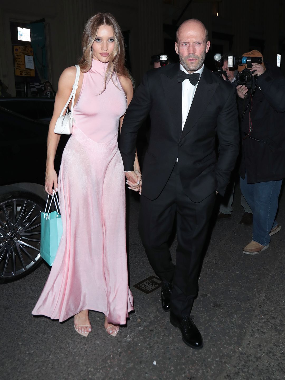 Rosie Huntington-Whiteley and Jason Statham seen attending Victoria Beckham's 50th birthday party at Oswaldâs on April 20, 2024 in London, England