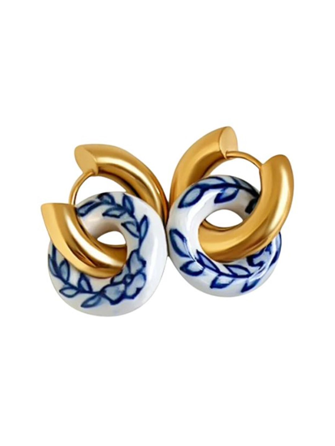 Wolf & Badger gold hoops with interlocking ceramic blue 