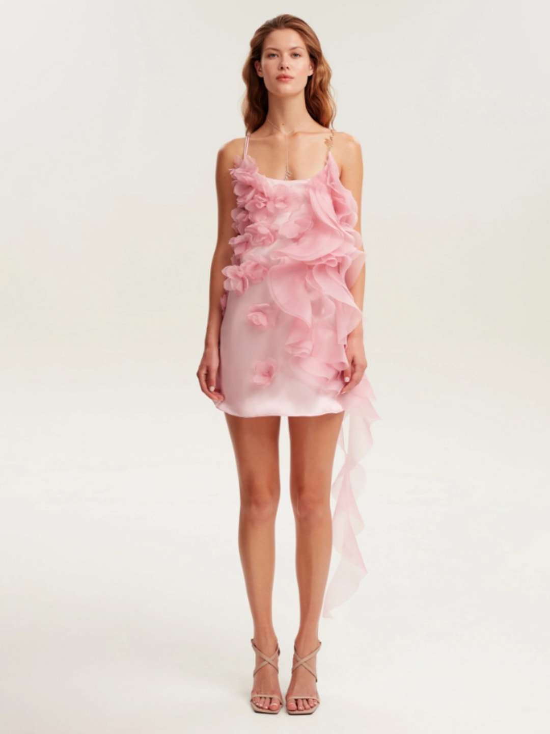 Model wearing Milla Pink Ruffle Dress